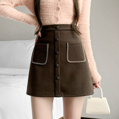 High Waist Embroidered Button Mini A-Line Skirt