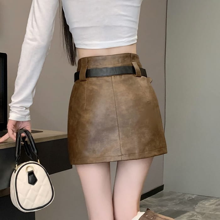 High Waist Faux Leather Mini A-Line Skirt