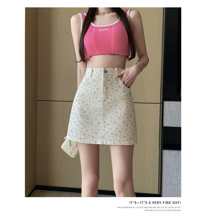 High Waist Floral Denim Mini Pencil Skirt