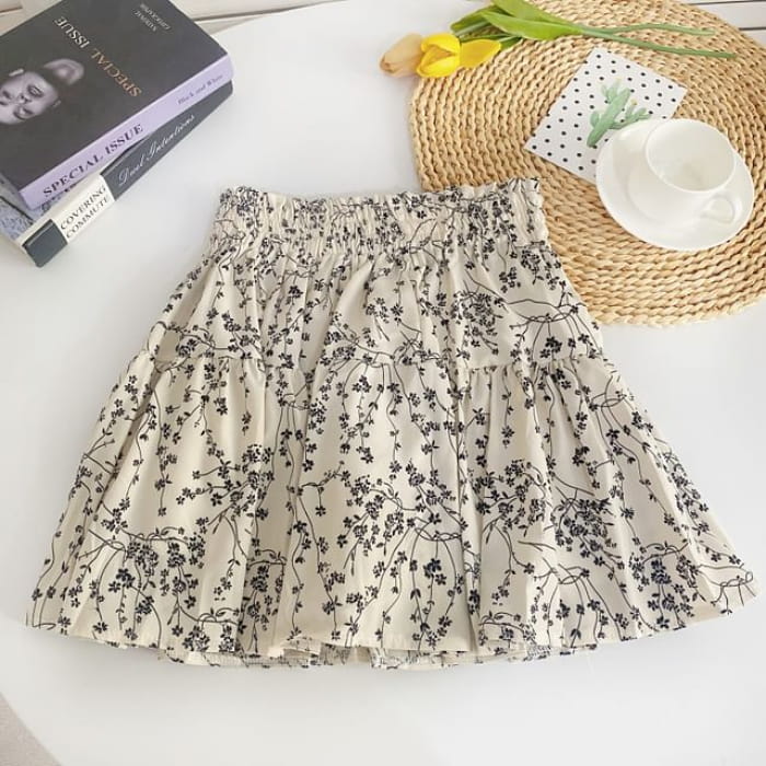 High Waist Floral Mini A-Line Skirt - Almond / One Size