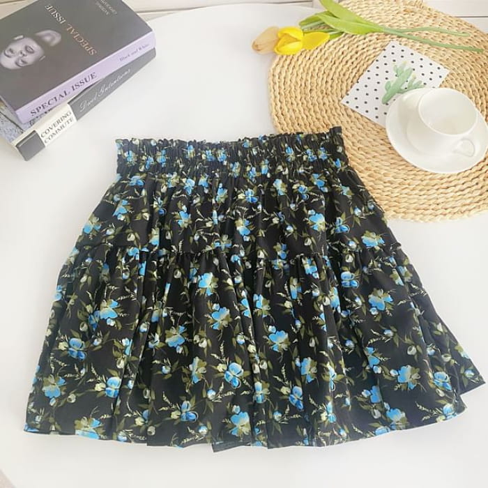 High Waist Floral Mini A-Line Skirt - Blue - Black