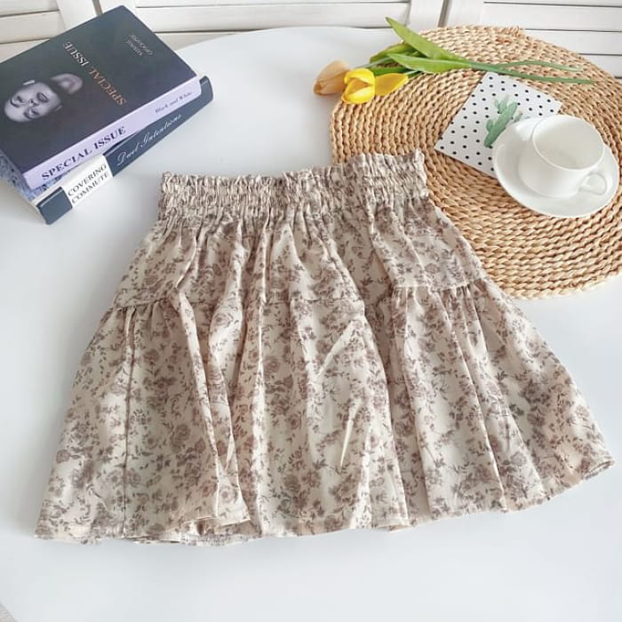 High Waist Floral Mini A-Line Skirt - Gray - Almond