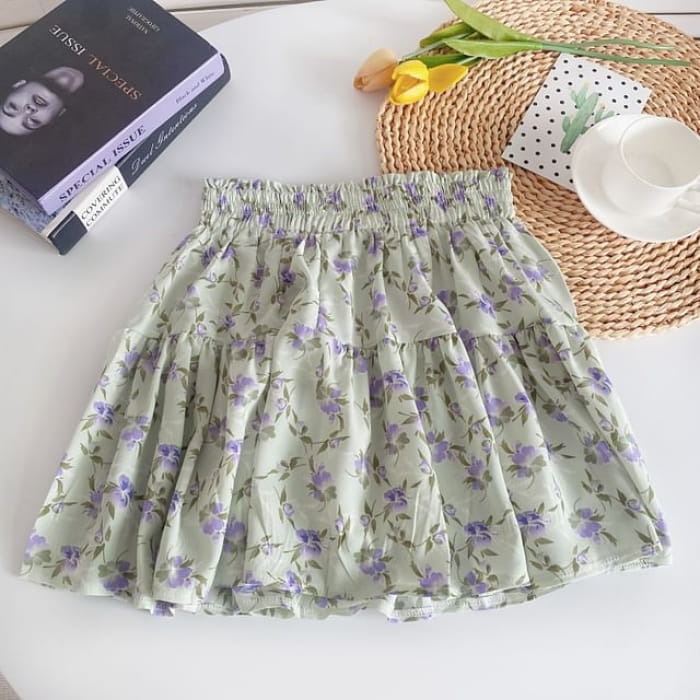 High Waist Floral Mini A-Line Skirt - Purple - Light Green