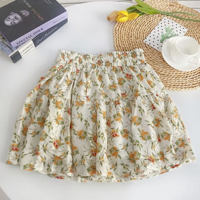 High Waist Floral Mini A-Line Skirt - Yellow - Almond