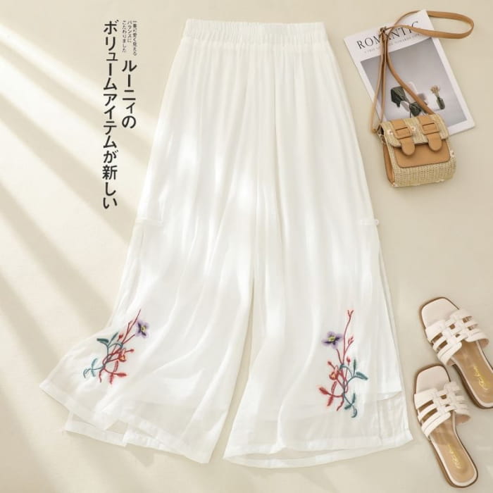 High Waist Flower Embroidered Wide Leg Pants