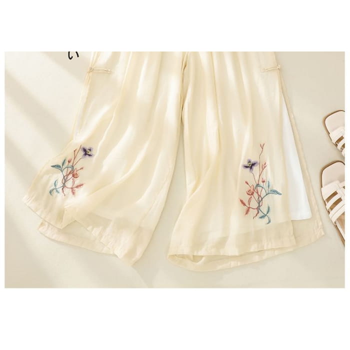 High Waist Flower Embroidered Wide Leg Pants