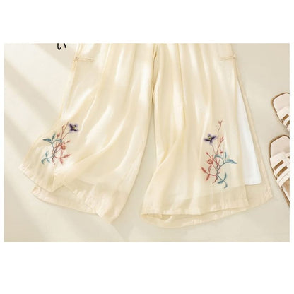 High Waist Flower Embroidered Wide Leg Pants