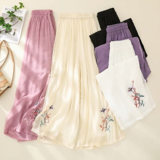 High Waist Flower Embroidered Wide Leg Pants