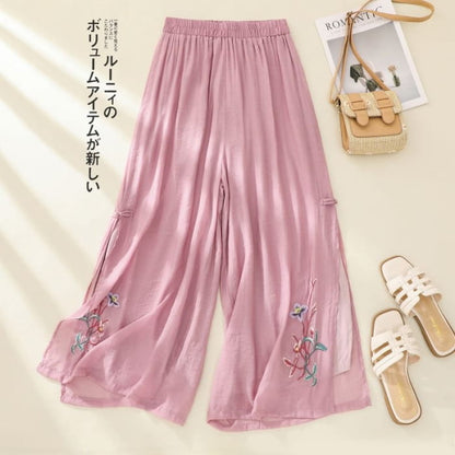 High Waist Flower Embroidered Wide Leg Pants