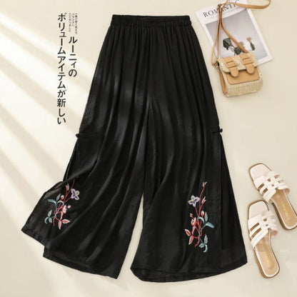 High Waist Flower Embroidered Wide Leg Pants