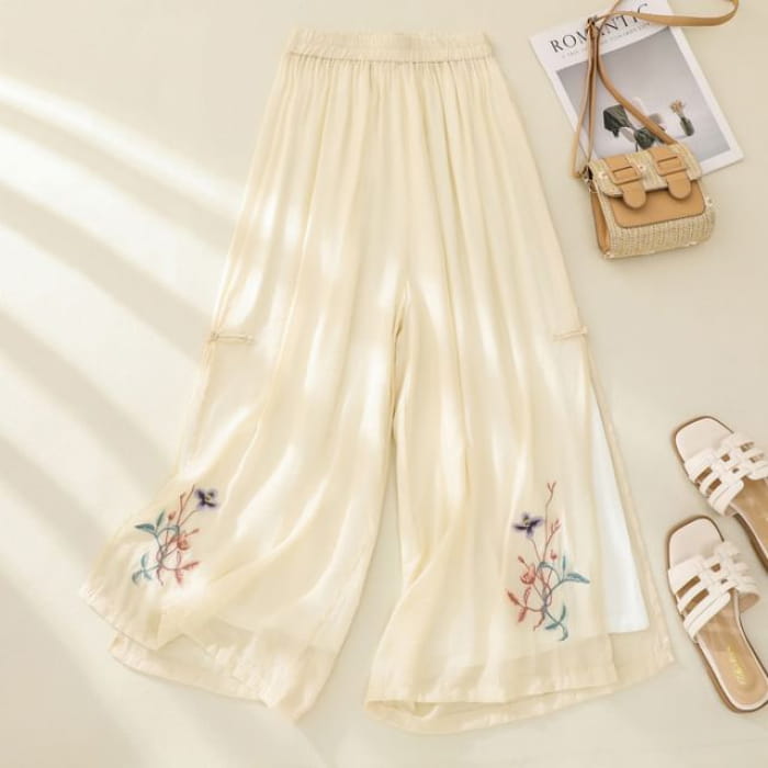 High Waist Flower Embroidered Wide Leg Pants - Almond / M