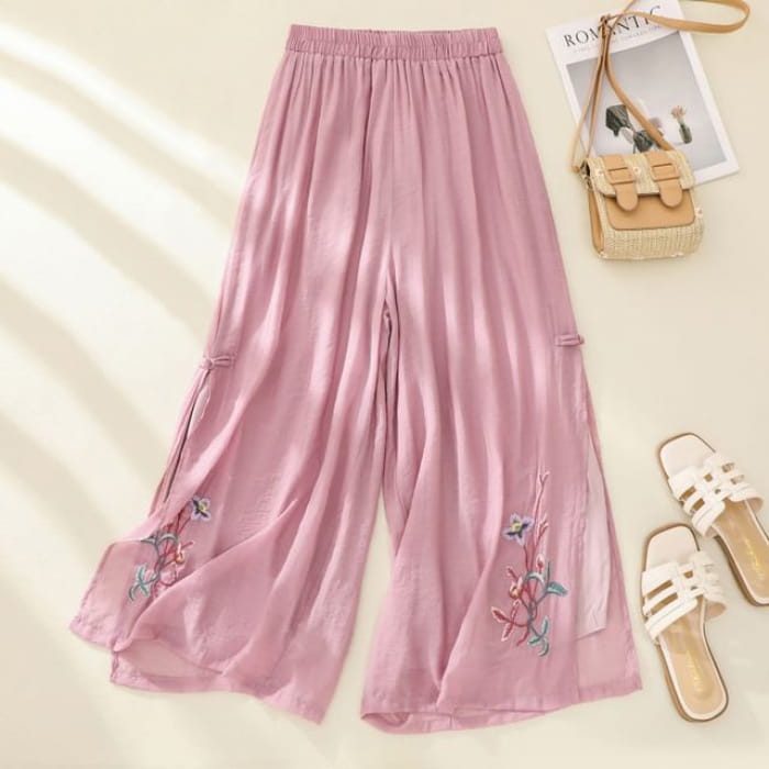 High Waist Flower Embroidered Wide Leg Pants - Pink / M