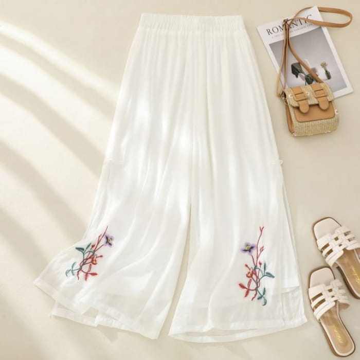 High Waist Flower Embroidered Wide Leg Pants - White / M