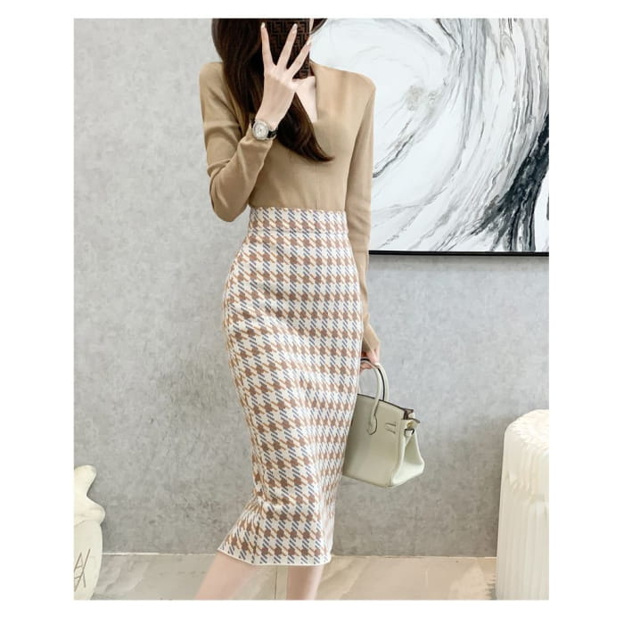 High Waist Houndstooth Midi Pencil Skirt