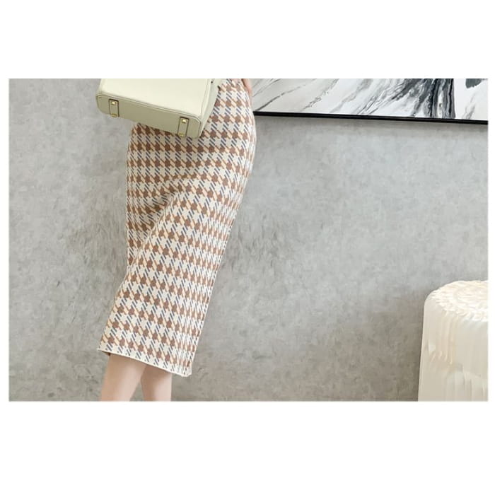 High Waist Houndstooth Midi Pencil Skirt