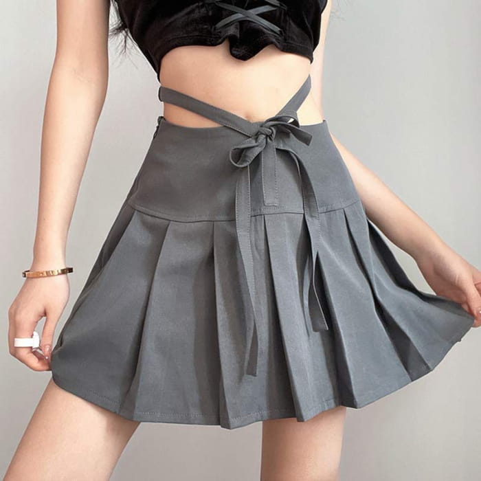 High Waist Lace Up Bow Pleated Skirt