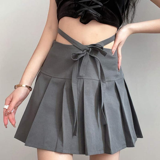 High Waist Lace Up Bow Pleated Skirt