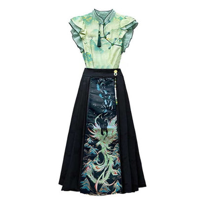 High Waist Phoenix Print Long Skirt Set - S