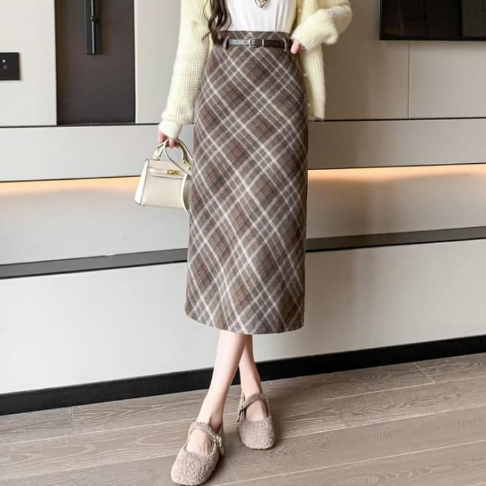 High Waist Plaid Midi A-Line Skirt