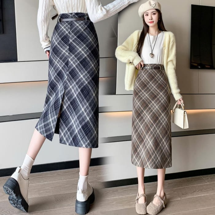 High Waist Plaid Midi A-Line Skirt