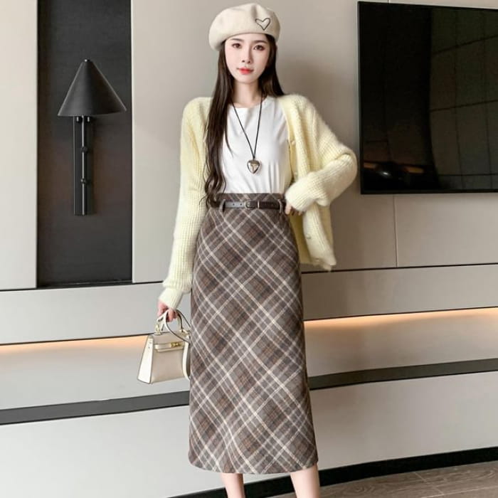 High Waist Plaid Midi A-Line Skirt - Khaki / S