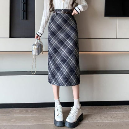 High Waist Plaid Midi A-Line Skirt - Navy Blue / S