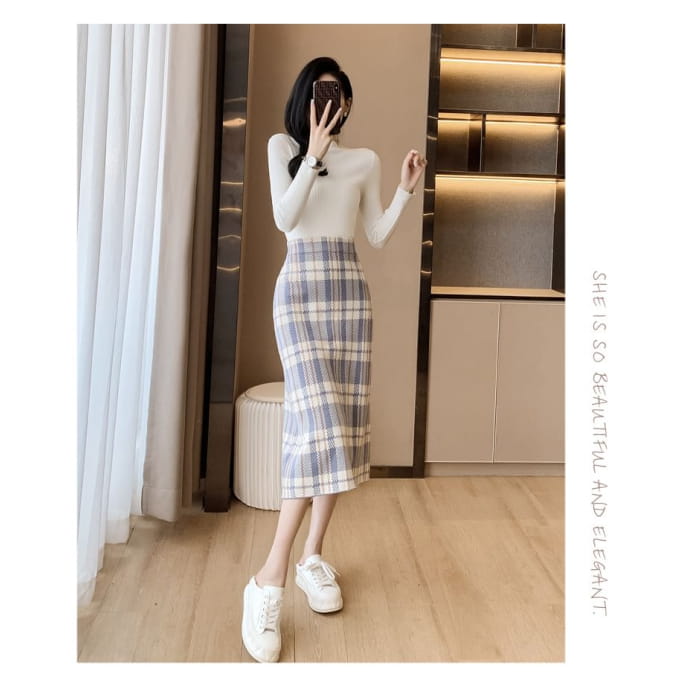 high Waist Plaid Midi Straight Skirt