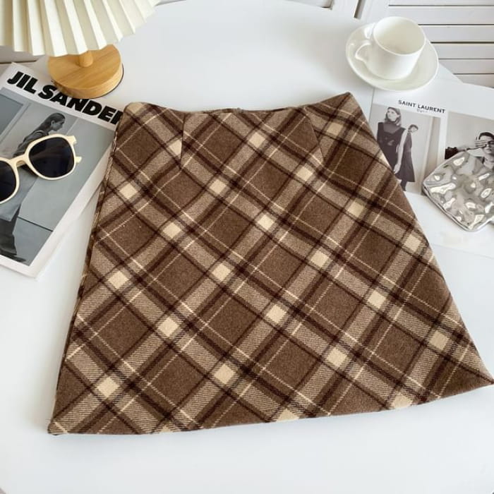 High Waist Plaid Mini A-Line Skirt - Khaki / S