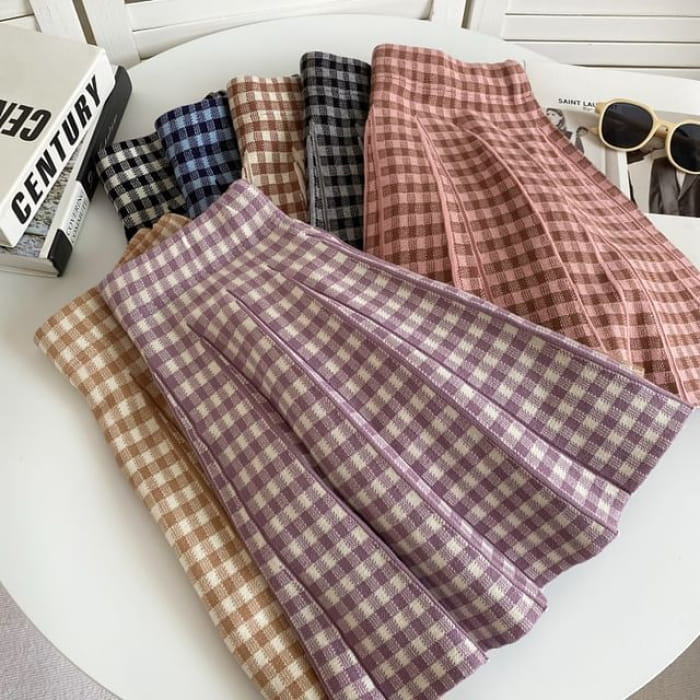 High Waist Plaid Pleated Mini A-Line Knit Skirt