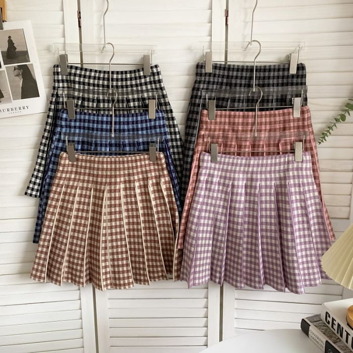 High Waist Plaid Pleated Mini A-Line Knit Skirt