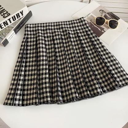 High Waist Plaid Pleated Mini A-Line Knit Skirt - Black