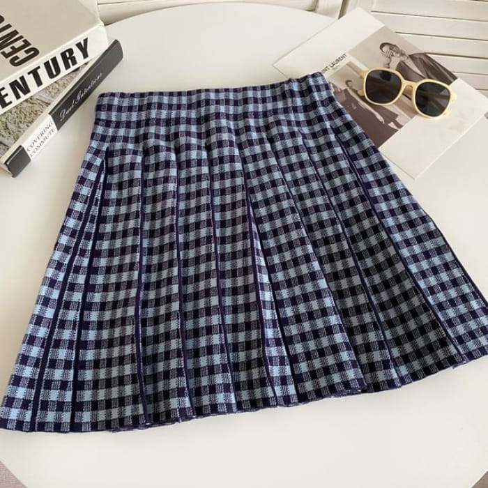 High Waist Plaid Pleated Mini A-Line Knit Skirt - Blue