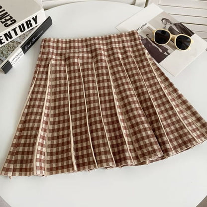 High Waist Plaid Pleated Mini A-Line Knit Skirt - Dark