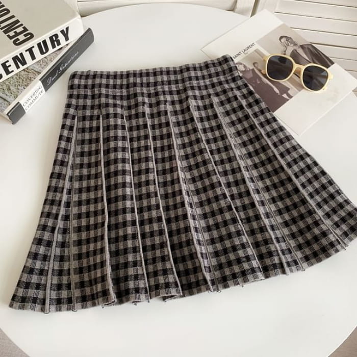 High Waist Plaid Pleated Mini A-Line Knit Skirt - Dark Gray