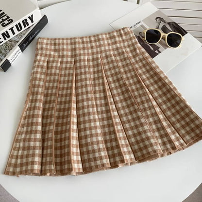 High Waist Plaid Pleated Mini A-Line Knit Skirt - Light