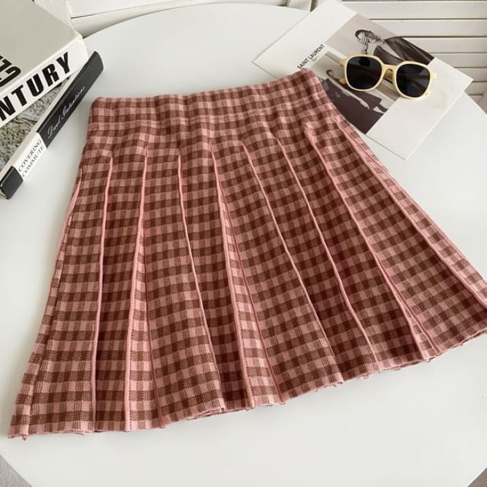 High Waist Plaid Pleated Mini A-Line Knit Skirt - Pink