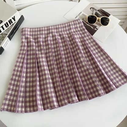 High Waist Plaid Pleated Mini A-Line Knit Skirt - Purple