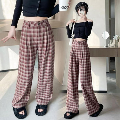 High Waist Plaid Wide Leg Pants