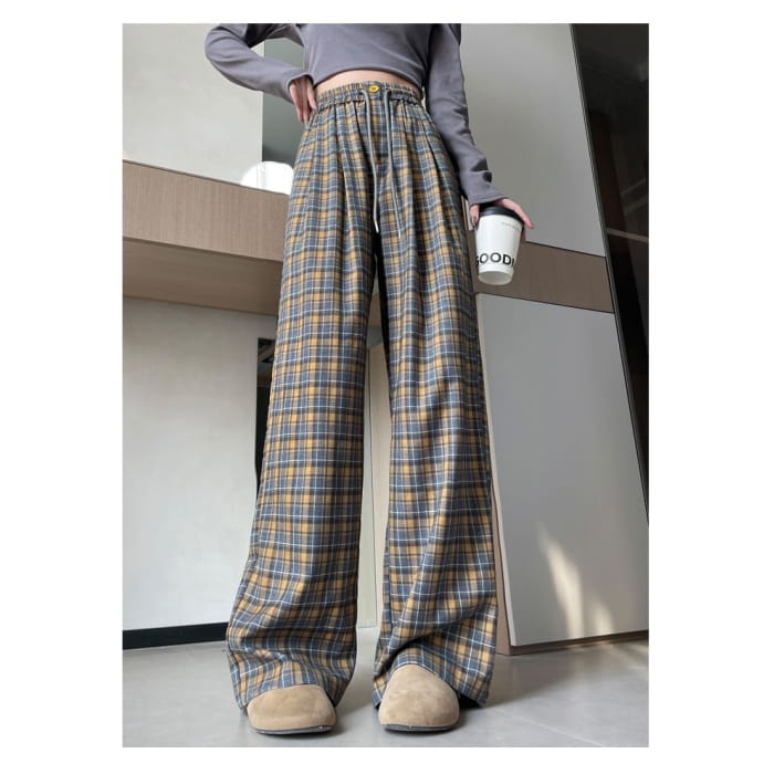 High Waist Plaid Wide Leg Pants (Various Designs)