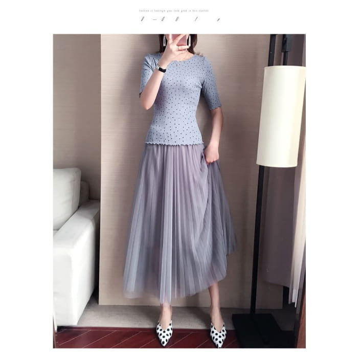 High Waist Plain Accordion Pleated Mesh Maxi