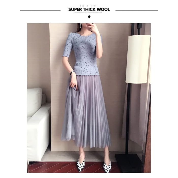 High Waist Plain Accordion Pleated Mesh Maxi