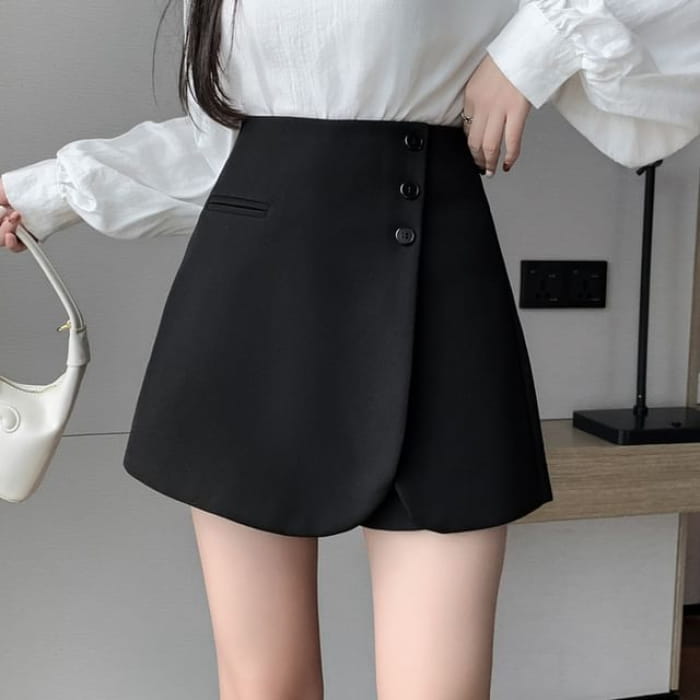 High Waist Plain Asymmetrical Button Front Skort - Black