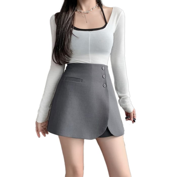 High Waist Plain Asymmetrical Button Front Skort - Pants