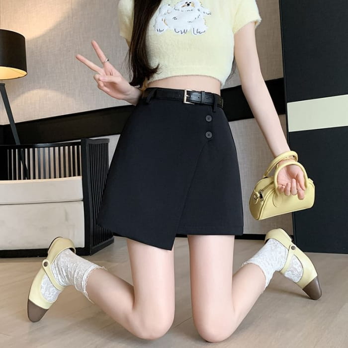 High Waist Plain Asymmetrical Buttoned Mini A-Line Skirt