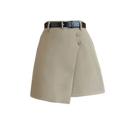 High Waist Plain Asymmetrical Buttoned Mini A-Line Skirt