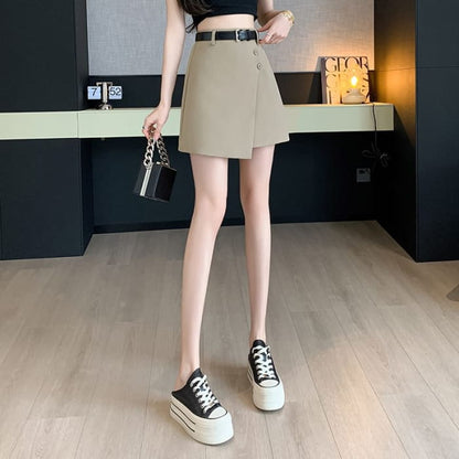 High Waist Plain Asymmetrical Buttoned Mini A-Line Skirt