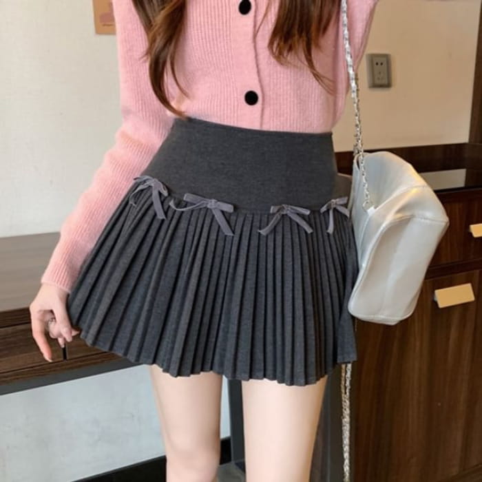 High Waist Plain Bow Pleated Mini A-Line Skirt