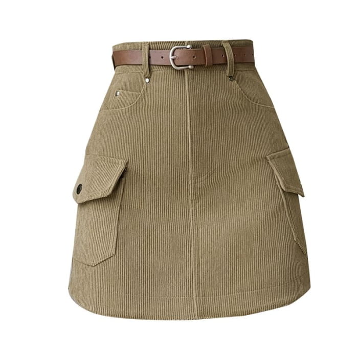 High Waist Plain Corduroy Mini A-Line Skirt