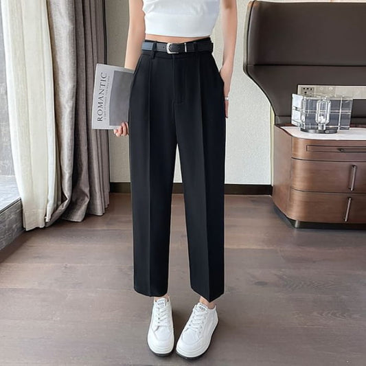 High Waist Plain Cropped Straight Leg Suit Pants - Clothing