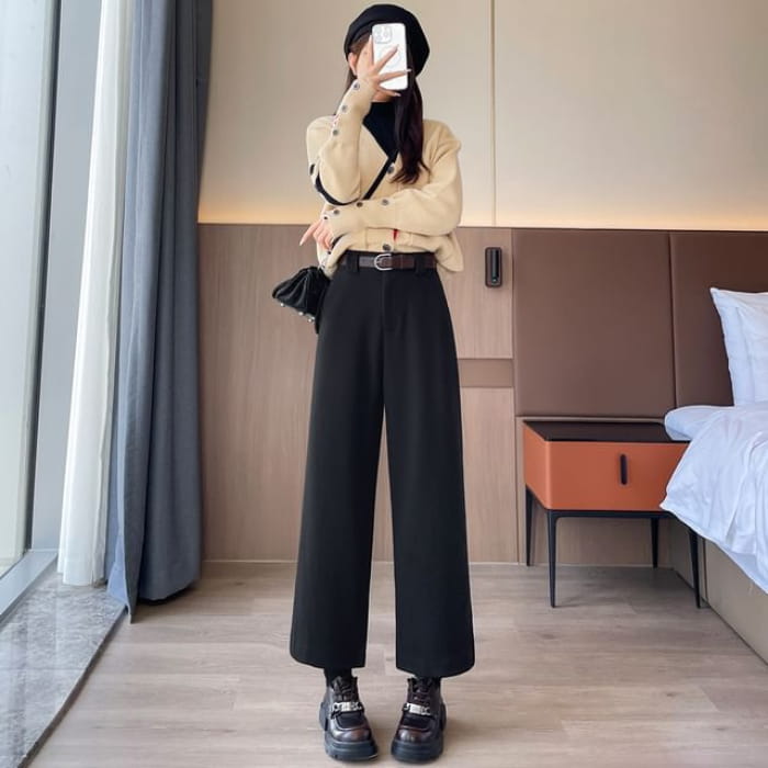 High Waist Plain Cropped Wide Leg Pants - Black / XS